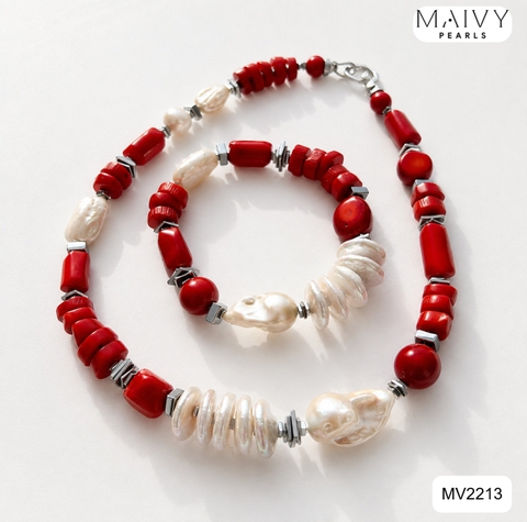MV2213 - Set San Hô Đỏ Mix Trai Baroque Gồm Dây Chuyền/Lắc Tay