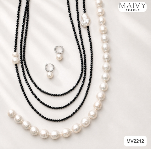 MV2212 -Set Chuỗi Đá Spinel Đen Mix Ngọc Trai Trắng Dáng Dài Và Bông Tai Ngọc Trai