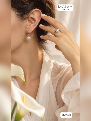 Set ngọc trai xám tròn: dây chuyền 2 sợi, nhẫn, bông tai MV2270