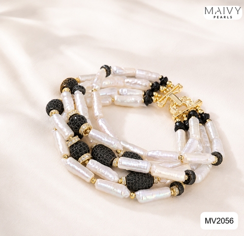MV2056 - Set Lắc Tay 5 Sợi / Bông Tai Ngọc Trai Baroque Dài Trắng mix Đá Đen