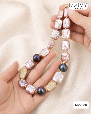 MV2058 - Dây Chuyền Ngọc Trai Baroque Vuông Hồng Ánh Tím Mix Ngọc Trai Tròn Lông Công