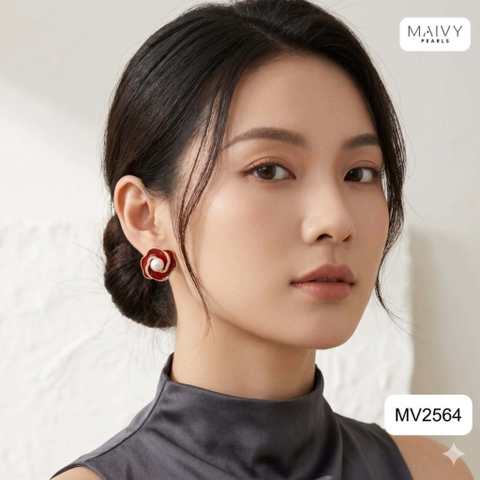 MV2564 - bông tai hoa đỏ nữ tính đính ngọc trai tròn trắng sz 5-6mm