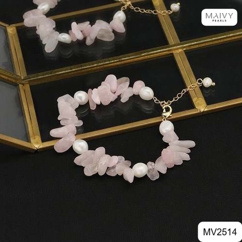 MV2514 - Set dây chuyền, lắc tay, hoa tai đá thạch anh hồng tự nhiên