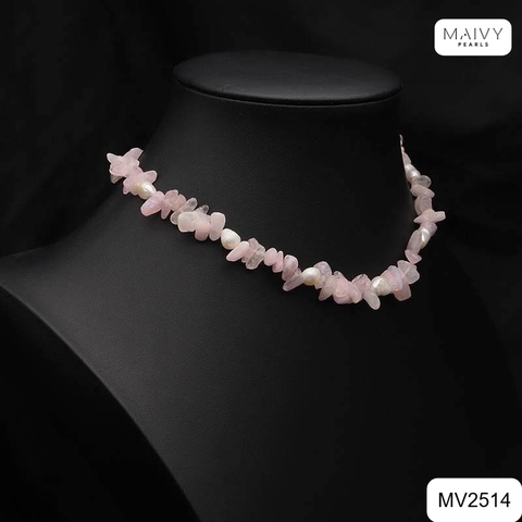 MV2514 - Set dây chuyền, lắc tay, hoa tai đá thạch anh hồng tự nhiên