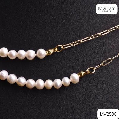 MV2508 - Dây chuyền ngọc trai trắng 4-5mm mix bạc 925 mạ vàng 18k quấn được 2 vòng