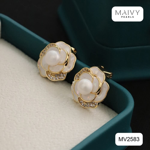 MV2583 - bông tai hoa vàng mix ngọc trai trắng sz 5-6mm dáng kẹp