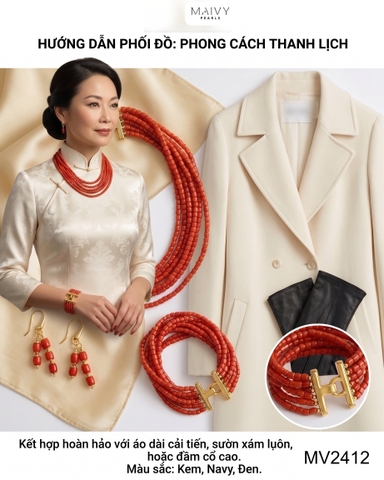 MV2412 - Set san hô đỏ nhiều sợi gồm dây chuyền, lắc tay,bông tai