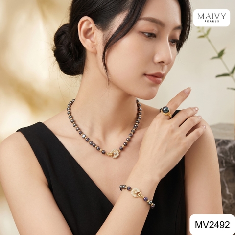 MV2492 - Set ngọc trai Túc Vũ ngọc trai barroque size 7-8mm màu lông công gồm dây chuyền, lắc tay và nhẫn