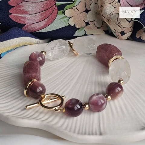 MV2121- Lắc tay thạch anh tím mix đá trắng khóa T