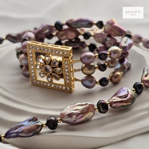 MV2264 - Set dây chuyền và lắc tay Baroque 3 sợi hồng ánh tím NEW
