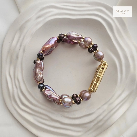 MV2264 - Set dây chuyền và lắc tay Baroque 3 sợi hồng ánh tím NEW