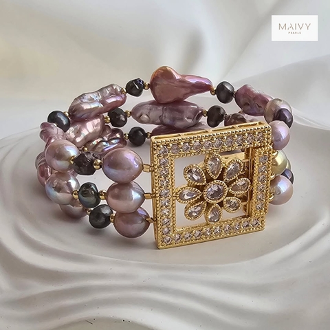 MV2264 - Set dây chuyền và lắc tay Baroque 3 sợi hồng ánh tím NEW