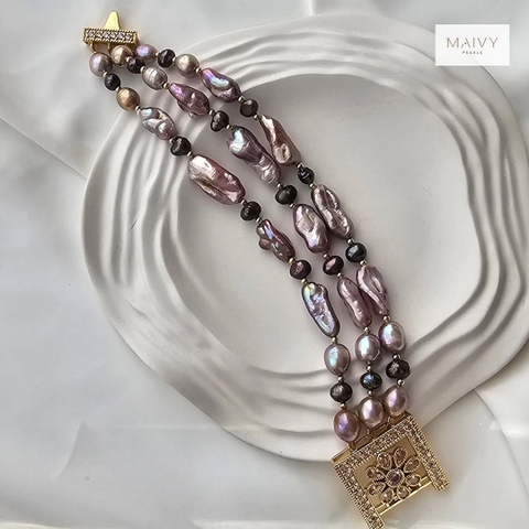 MV2264 - Set dây chuyền và lắc tay Baroque 3 sợi hồng ánh tím NEW