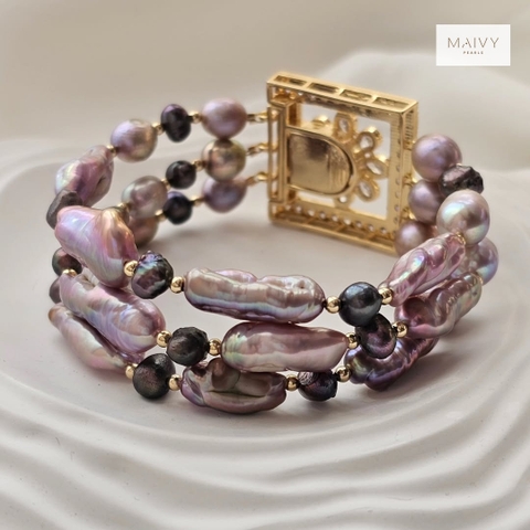 MV2264 - Set dây chuyền và lắc tay Baroque 3 sợi hồng ánh tím NEW