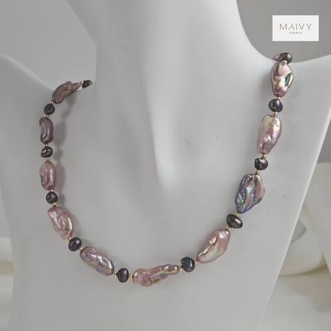 MV2264 - Set dây chuyền và lắc tay Baroque 3 sợi hồng ánh tím NEW