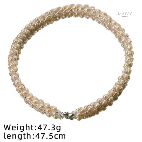 MV2182 - Set Dây Chuyền / Lắc Tay Trai Gạo Đan Xéo Kết Chùm