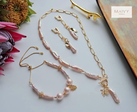 MV2034 - Set Trai Dài 3 Món Dây Chuyền/ Lắc Tay/Bông Tai Màu Hồng Ánh Tím