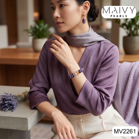 MV2261 - Set Lắc Tay Và Bông Tai - Thạch Anh Tím Phối Thạch Anh Vàng Rực Rỡ