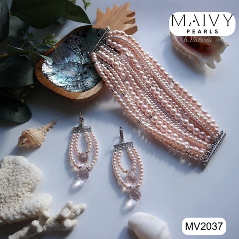 MV2037 - Set Ngọc Trai Lắc Tay / Bông Tai Màu Hồng Nhiều Sợi
