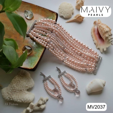 MV2037 - Set Ngọc Trai Lắc Tay / Bông Tai Màu Hồng Nhiều Sợi