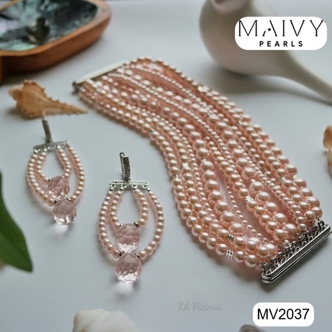 MV2037 - Set Ngọc Trai Lắc Tay / Bông Tai Màu Hồng Nhiều Sợi