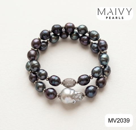 MV2039 -Lắc Tay Ngọc Trai Đôi Lông Công Mix Trai Baroque Xám
