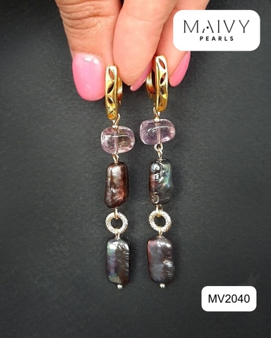 MV2040 -  Set Lắc Tay / Bông Tai Ngọc Trai Lông Công Baroque Dài Mix Đá Tự Nhiên