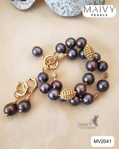 MV2041 - Set Lắc Tay / Bông Tai Ngọc Trai Tròn Lông Công