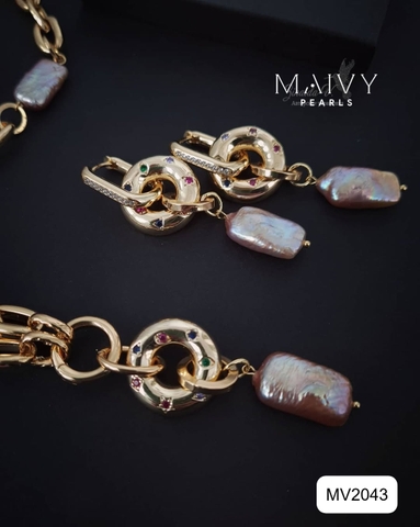 MV2043 - Set Dây Chuyền / Bông Tai Ngọc Trai Baroque Vuông Màu Hồng Ánh Tím Cách Điệu