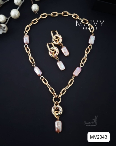 MV2043 - Set Dây Chuyền / Bông Tai Ngọc Trai Baroque Vuông Màu Hồng Ánh Tím Cách Điệu