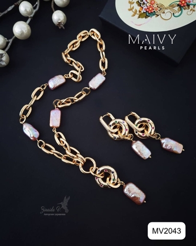 MV2043 - Set Dây Chuyền / Bông Tai Ngọc Trai Baroque Vuông Màu Hồng Ánh Tím Cách Điệu
