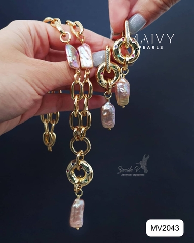 MV2043 - Set Dây Chuyền / Bông Tai Ngọc Trai Baroque Vuông Màu Hồng Ánh Tím Cách Điệu
