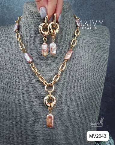 MV2043 - Set Dây Chuyền / Bông Tai Ngọc Trai Baroque Vuông Màu Hồng Ánh Tím Cách Điệu