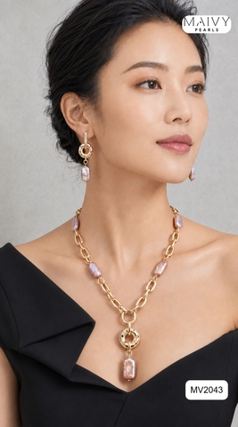 MV2043 - Set Dây Chuyền / Bông Tai Ngọc Trai Baroque Vuông Màu Hồng Ánh Tím Cách Điệu