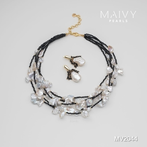 MV2044 | Set Dây Chuyền Keshi Và Bông Tai Ngọc Trai Baroque Phối Đá Spinel Đen Thời Thượng