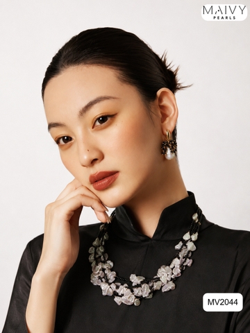 MV2044 | Set Dây Chuyền Keshi Và Bông Tai Ngọc Trai Baroque Phối Đá Spinel Đen Thời Thượng