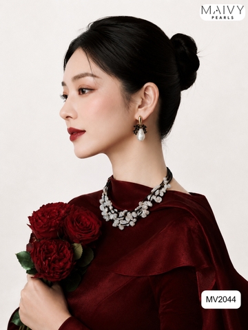 MV2044 | Set Dây Chuyền Keshi Và Bông Tai Ngọc Trai Baroque Phối Đá Spinel Đen Thời Thượng