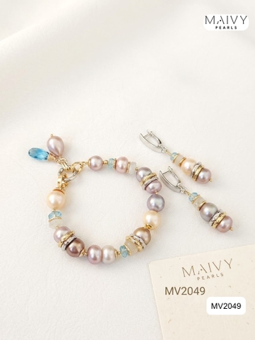 MV2049 - Set 3 Sản Phẩm Dây Chuyền/ Lắc Tay / Bông Tai Ngọc Trai Hồng Ánh Tím Mix Đá Thạch Anh