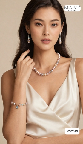 MV2049 - Set 3 Sản Phẩm Dây Chuyền/ Lắc Tay / Bông Tai Ngọc Trai Hồng Ánh Tím Mix Đá Thạch Anh