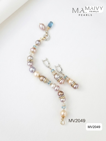 MV2049 - Set 3 Sản Phẩm Dây Chuyền/ Lắc Tay / Bông Tai Ngọc Trai Hồng Ánh Tím Mix Đá Thạch Anh