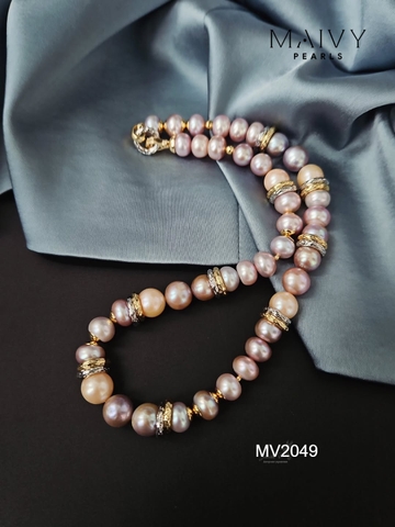MV2049 - Set 3 Sản Phẩm Dây Chuyền/ Lắc Tay / Bông Tai Ngọc Trai Hồng Ánh Tím Mix Đá Thạch Anh