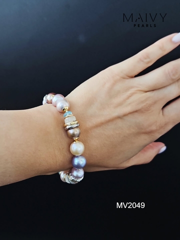 MV2049 - Set 3 Sản Phẩm Dây Chuyền/ Lắc Tay / Bông Tai Ngọc Trai Hồng Ánh Tím Mix Đá Thạch Anh