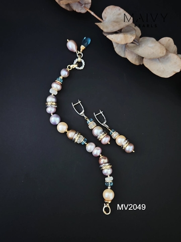 MV2049 - Set 3 Sản Phẩm Dây Chuyền/ Lắc Tay / Bông Tai Ngọc Trai Hồng Ánh Tím Mix Đá Thạch Anh