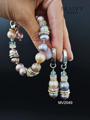 MV2049 - Set 3 Sản Phẩm Dây Chuyền/ Lắc Tay / Bông Tai Ngọc Trai Hồng Ánh Tím Mix Đá Thạch Anh