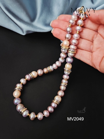 MV2049 - Set 3 Sản Phẩm Dây Chuyền/ Lắc Tay / Bông Tai Ngọc Trai Hồng Ánh Tím Mix Đá Thạch Anh