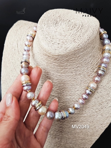 MV2049 - Set 3 Sản Phẩm Dây Chuyền/ Lắc Tay / Bông Tai Ngọc Trai Hồng Ánh Tím Mix Đá Thạch Anh