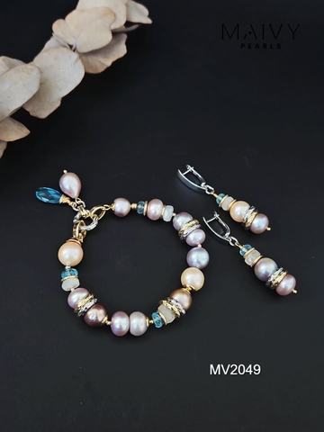 MV2049 - Set 3 Sản Phẩm Dây Chuyền/ Lắc Tay / Bông Tai Ngọc Trai Hồng Ánh Tím Mix Đá Thạch Anh