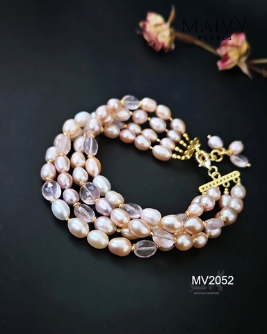 MV2052 - Set Lắc Tay Nhiều Sợi / Bông Tai Ngọc Trai Hồng Mix Đá Thạch Anh