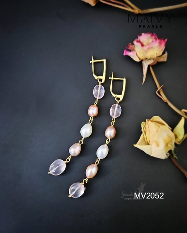 MV2052 - Set Lắc Tay Nhiều Sợi / Bông Tai Ngọc Trai Hồng Mix Đá Thạch Anh