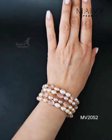 MV2052 - Set Lắc Tay Nhiều Sợi / Bông Tai Ngọc Trai Hồng Mix Đá Thạch Anh